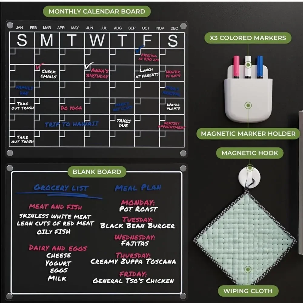 OKIEDOKIEAMZ Magnetic Acrylic Monthly Calendar & Blank Board Set | 16x12